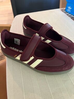 adidas Burgundy Mary Jane Sneakers with White Stripes